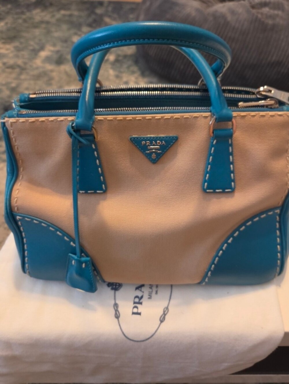 Prada Beige Canvas Satchel with Teal Leather Trim - Picture 4 of 17